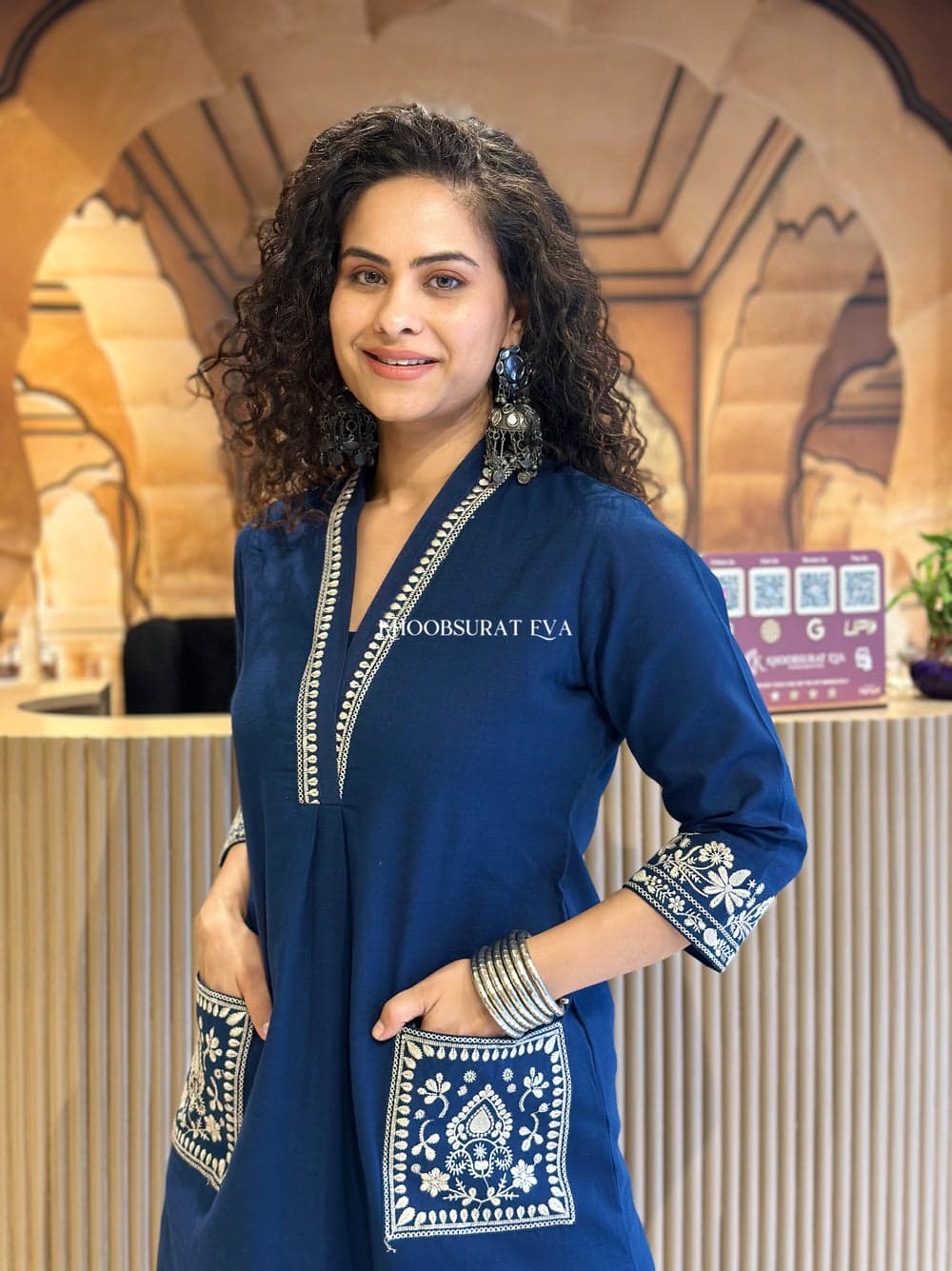 Royal Blue Cotton Kurta Set with Intricate White Embroidery and Statement Sleeves