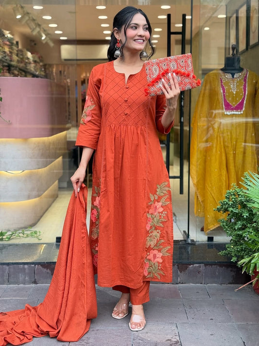 Embroidered Straight A-Line Kurta with One-Side Pocket