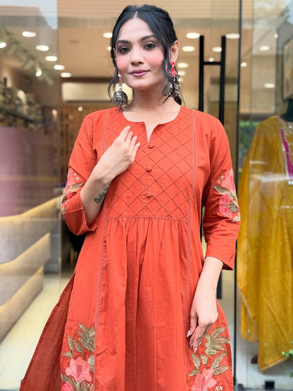Embroidered Straight A-Line Kurta with One-Side Pocket