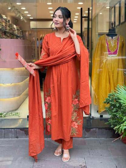 Embroidered Straight A-Line Kurta with One-Side Pocket