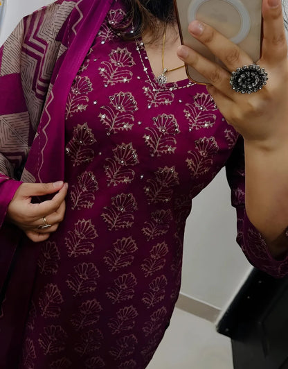 Pink Cotton Printed Kurta Set