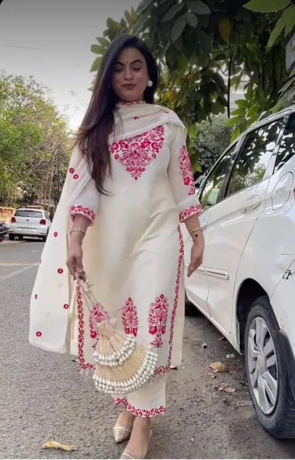 White Embroidered Cotton Kurta and Pant Set with Dupatta