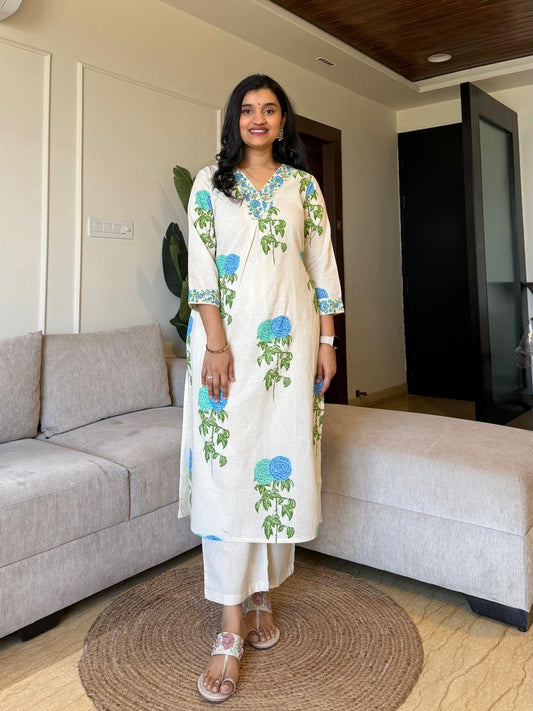 Embroidered Floral Set- Blue Green