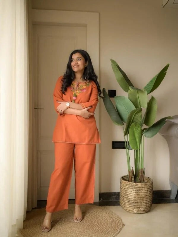 Rust Orange Embroidery Cotton Co Ord Set