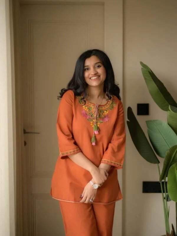 Rust Orange Embroidery Cotton Co Ord Set