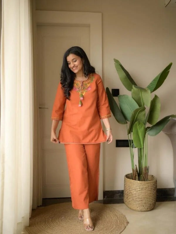 Rust Orange Embroidery Cotton Co Ord Set