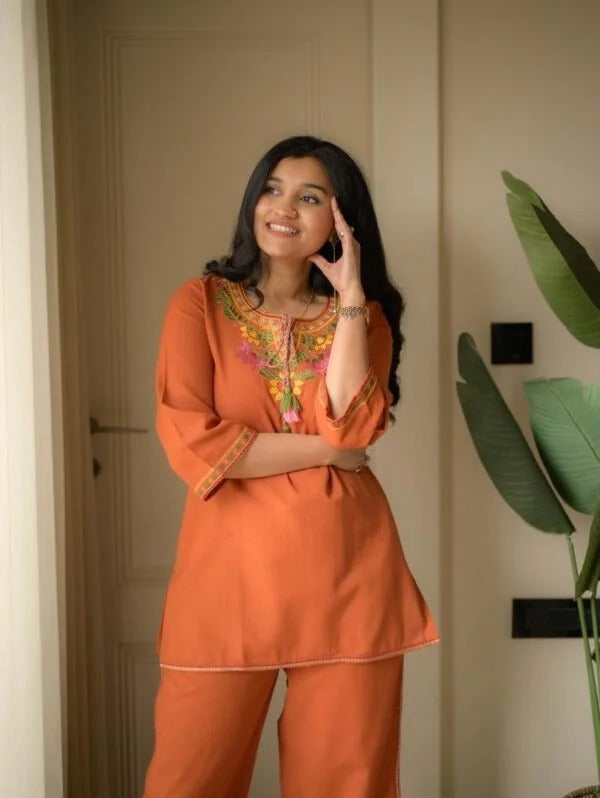 Rust Orange Embroidery Cotton Co Ord Set