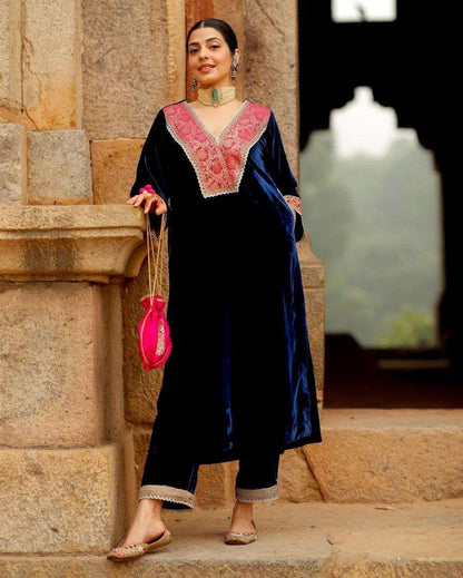 Premium Navy Blue Velvet Embroidered Kaftan Kurta