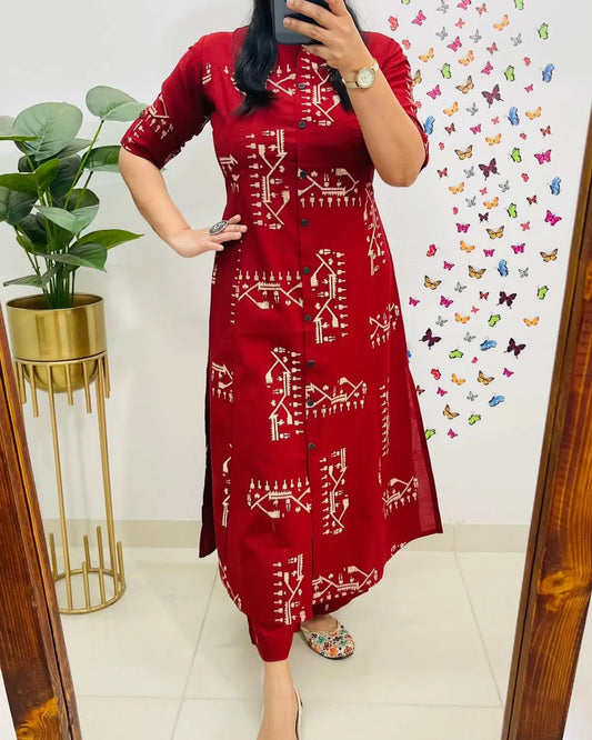 Jaipur Printed-Cotton-Red-Kurti-Plazo-Set