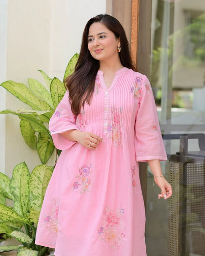Pink  A-line mulmul cotton kurta set with a plazo