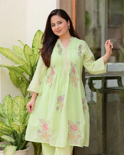 Light green A-line mulmul cotton kurta set with a plazo