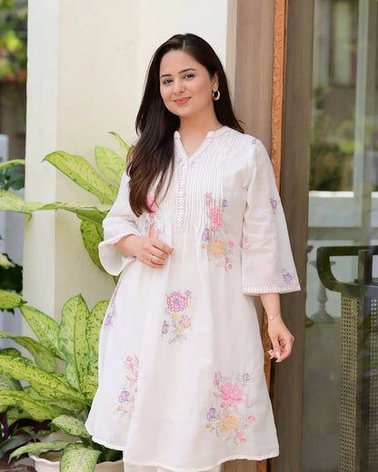 Elegant White Mulmul Cotton A-Line Kurta Set with Floral Embroidery
