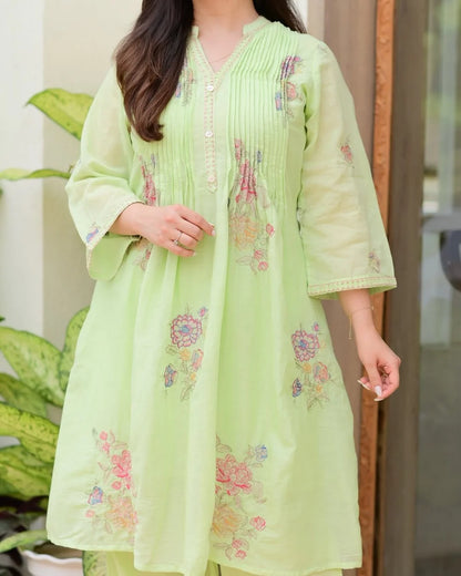 Light green A-line mulmul cotton kurta set with a plazo