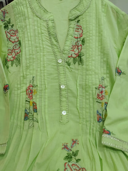 Light green A-line mulmul cotton kurta set with a plazo