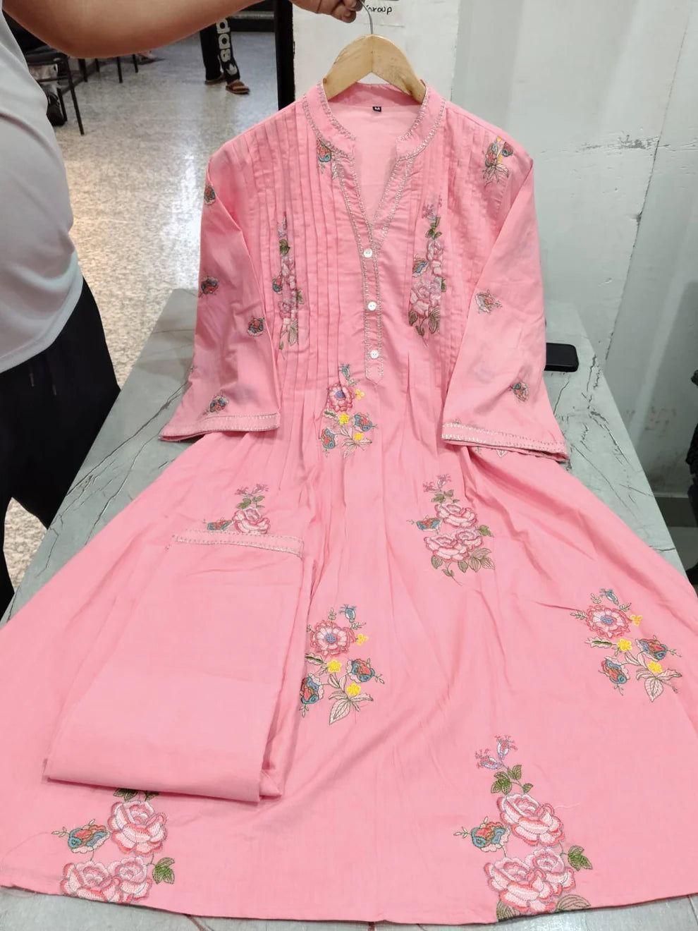 Pink  A-line mulmul cotton kurta set with a plazo