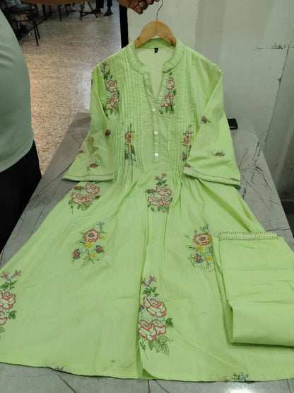 Light green A-line mulmul cotton kurta set with a plazo
