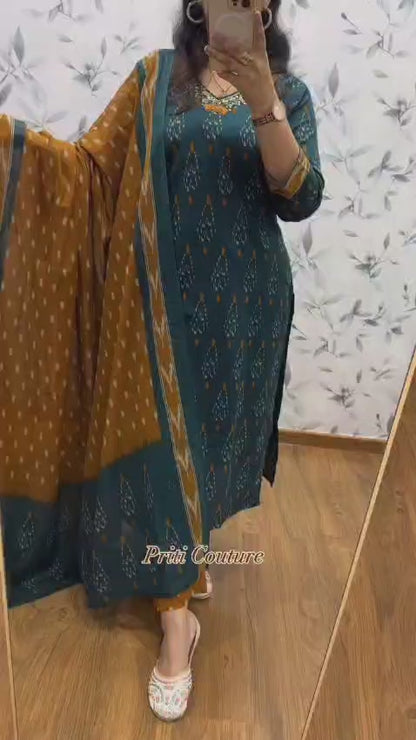 Teal and Mustard Ikat Print Cotton Kurta Set with Dupatta