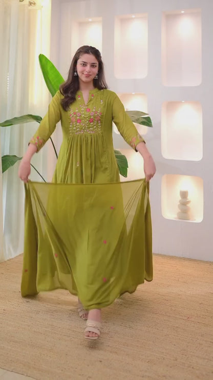Olive Garden Threadwork A Line Mul Cotton Suit