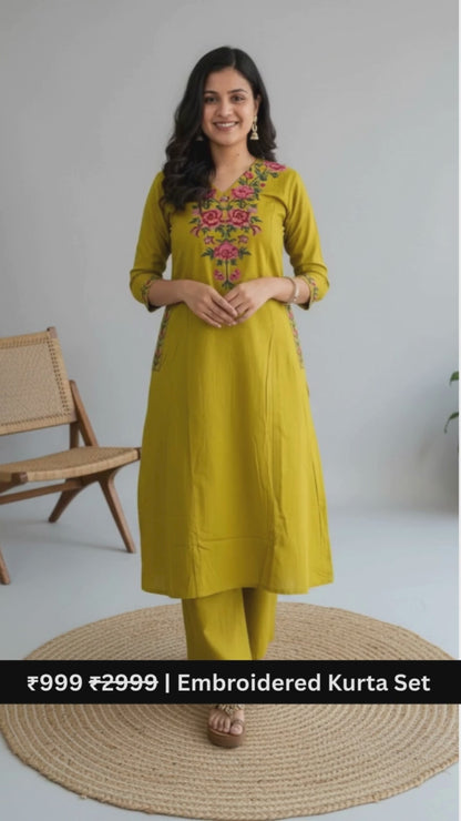 Elegant Mustard Yellow Embroidered Kurta Set for Women