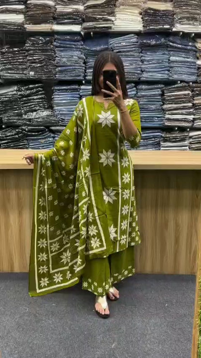 Rust Orange Cotton Printed 3-Piece Suit with Star Motif Design