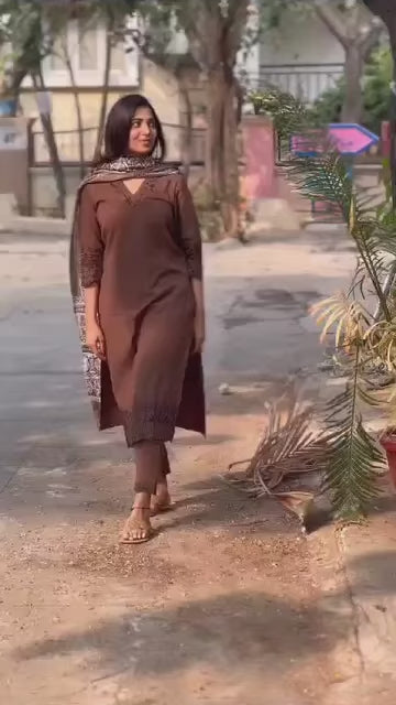 Coffee Brown Embroidered Cotton Kurti With Pant And Khaddar Silk Digital Print Dupatta