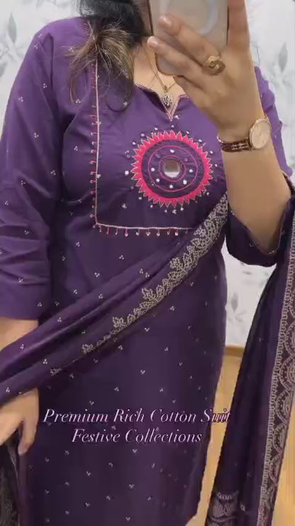 Elegant Purple Cotton Embroidered Suit Set with Dupatta