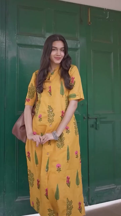 Mustard Yellow Floral Printed Straight Kurta Set with Pants for Women