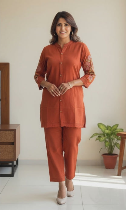 Rust Orange Co-ord Set with Subtle Embroidery Accents