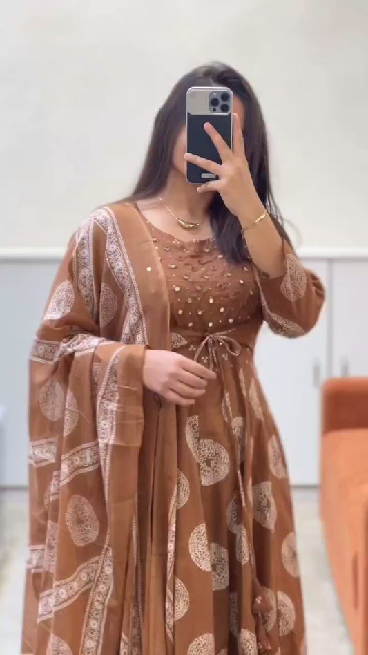 Yellow Cotton Printed Anarkali with Attached Jacket Detailing with Pants and Dupatta