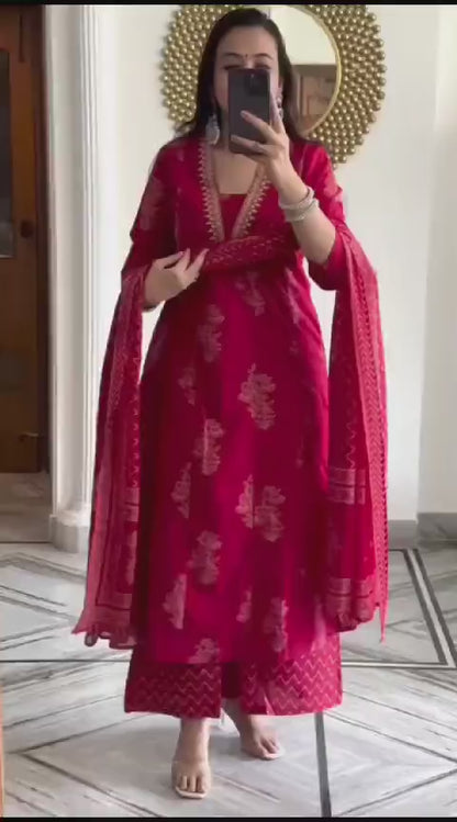 Pink Cotton Kurta, Pant And Dupatta Set with Embroidery Work