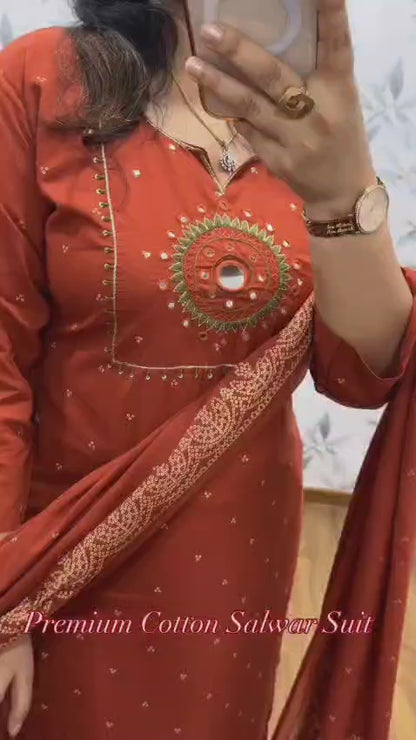 Vibrant Orange Cotton Embroidered Suit Set with Dupatta
