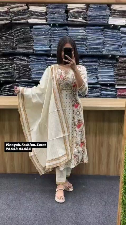 Elegant Cream Embroidered Cotton 3-Piece Suit with Dupatta