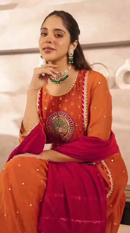 Rust Peacock Motif Laado Kurta Set